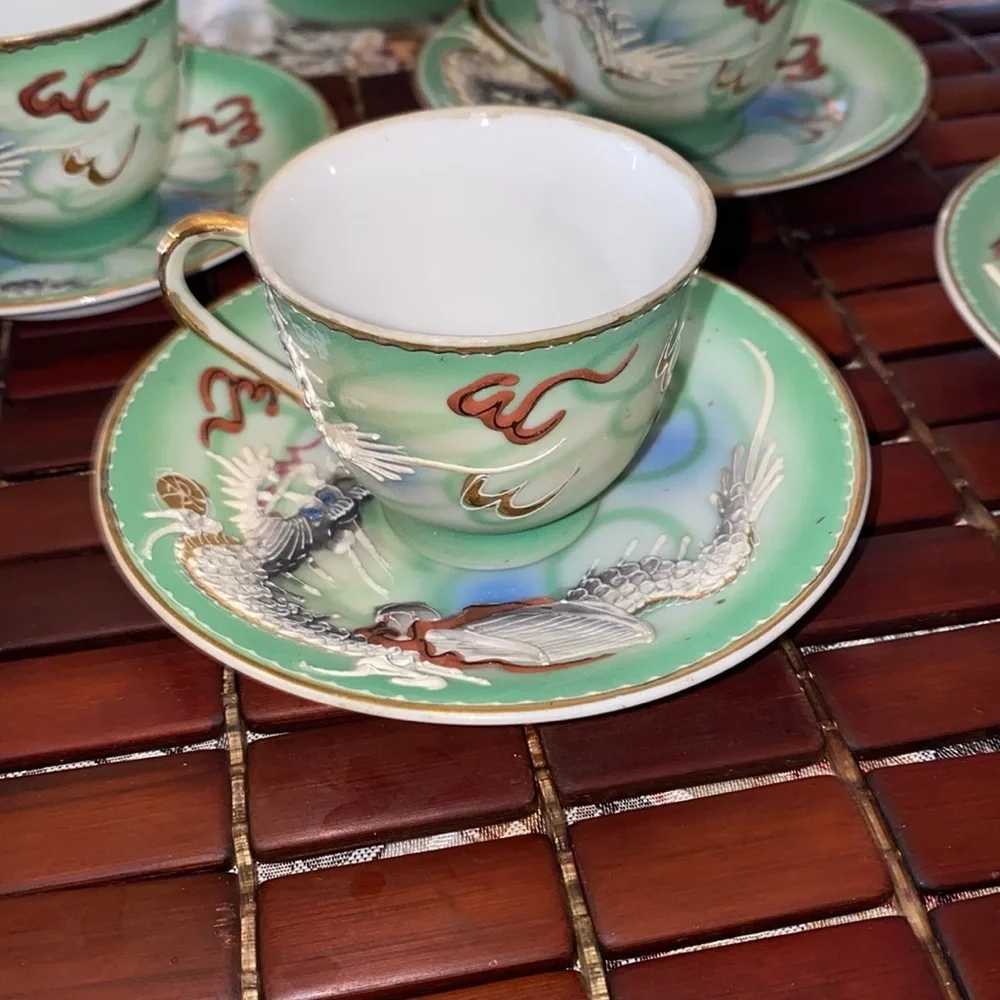 Vintage Dragonware Tea Set JB Betsons Green Hand Painted Moriage 14 pc set Japan